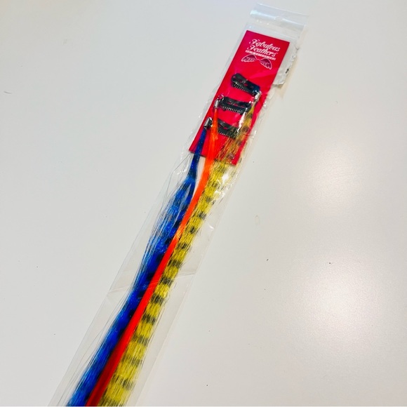 NWT Orange, Yellow & Boue Coon Tail Feather Clip in Colored Hair Extension - Picture 4 of 4